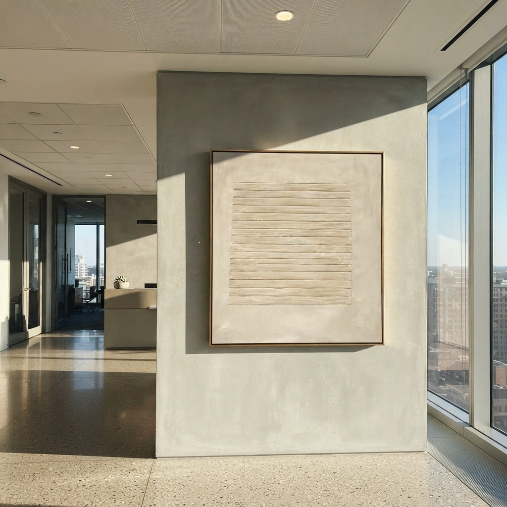 Slate Linen Umber Field Distance - textured abstract painting shown in modern room setting 5