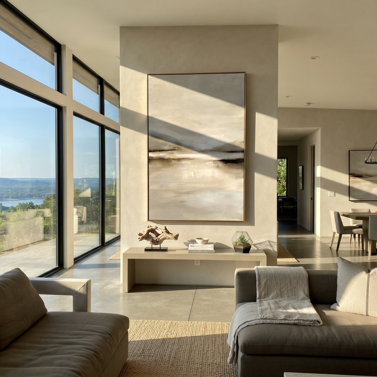 Slate Linen Horizon Currents Space - textured landscape painting shown in modern room setting 2