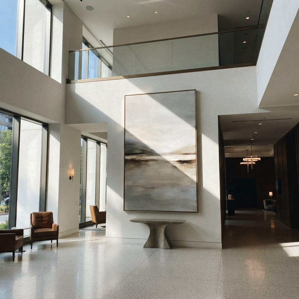 Slate Linen Horizon Currents Space - textured landscape painting shown in modern room setting 3