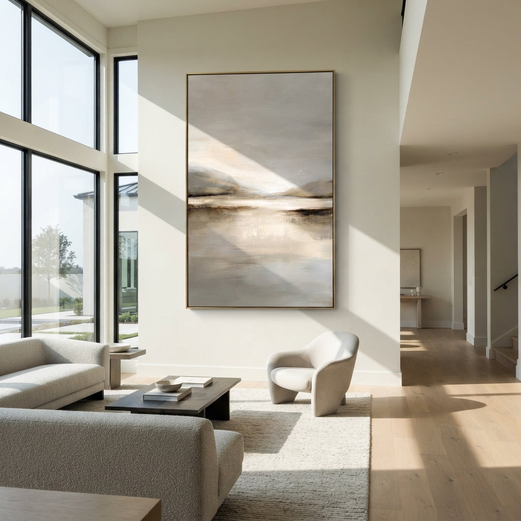 Slate Linen Horizon Currents Space - textured landscape painting shown in modern room setting 4
