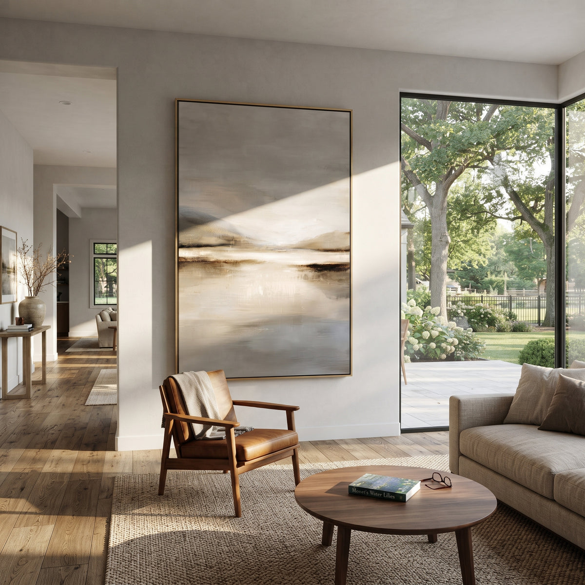 Slate Linen Horizon Currents Space - textured landscape painting shown in modern room setting 5