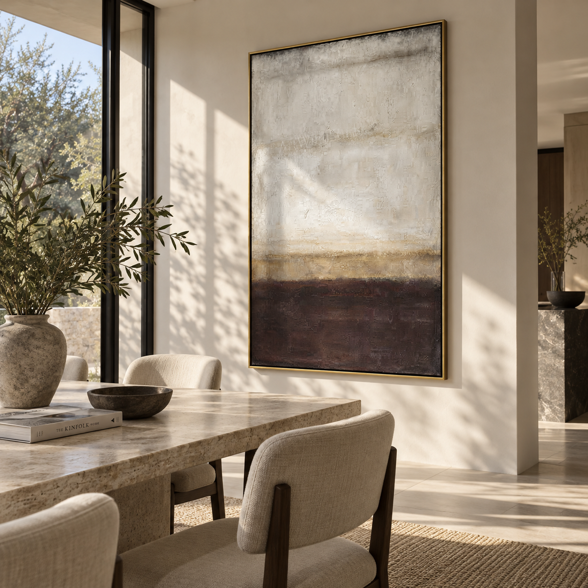 Slate Umber Onyx Balance Form - textured abstract painting displayed in a styled interior