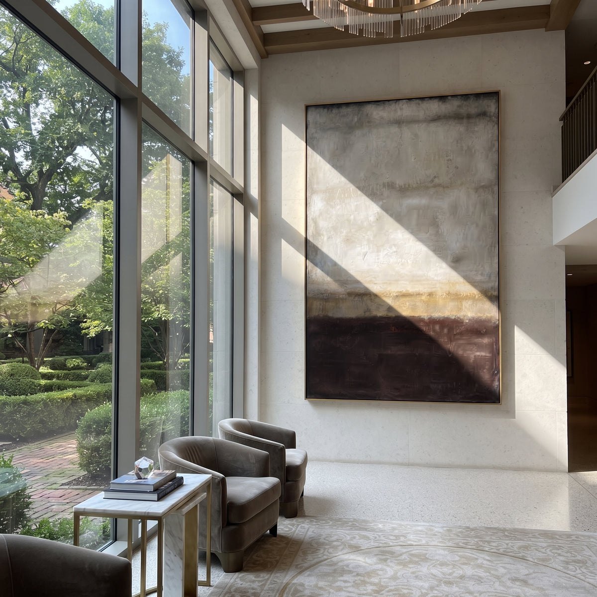 Slate Umber Onyx Balance Form - textured abstract painting shown in modern room setting 2