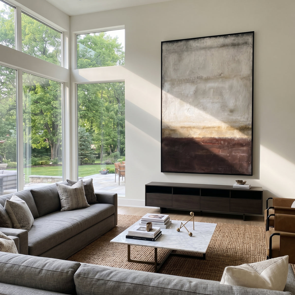 Slate Umber Onyx Balance Form - textured abstract painting shown in modern room setting 3