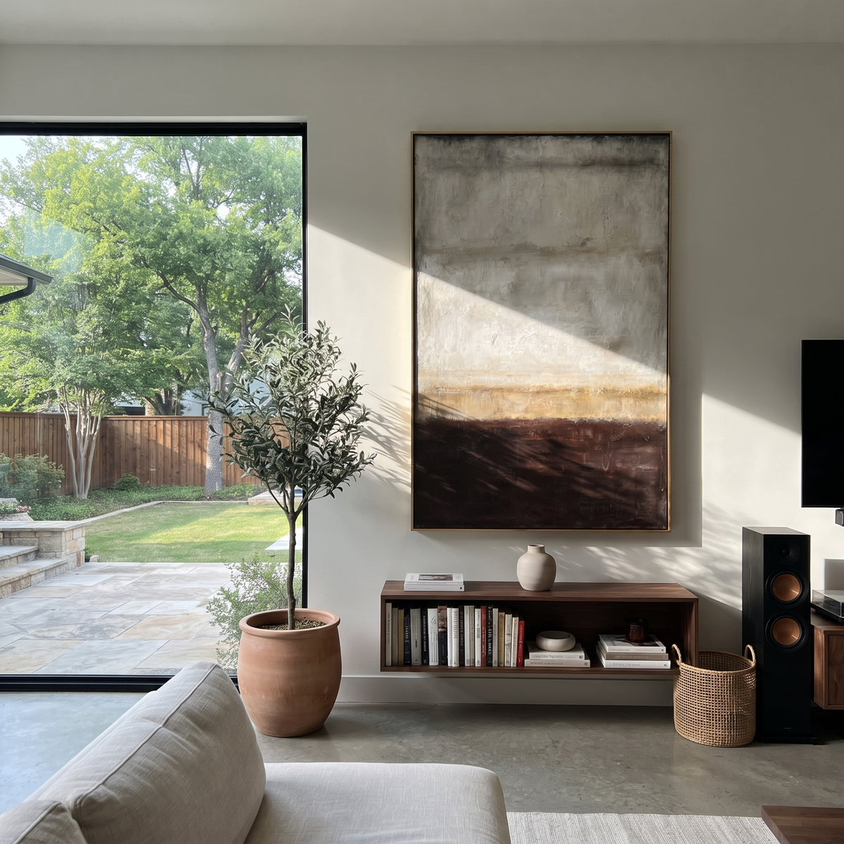 Slate Umber Onyx Balance Form - textured abstract painting shown in modern room setting 4