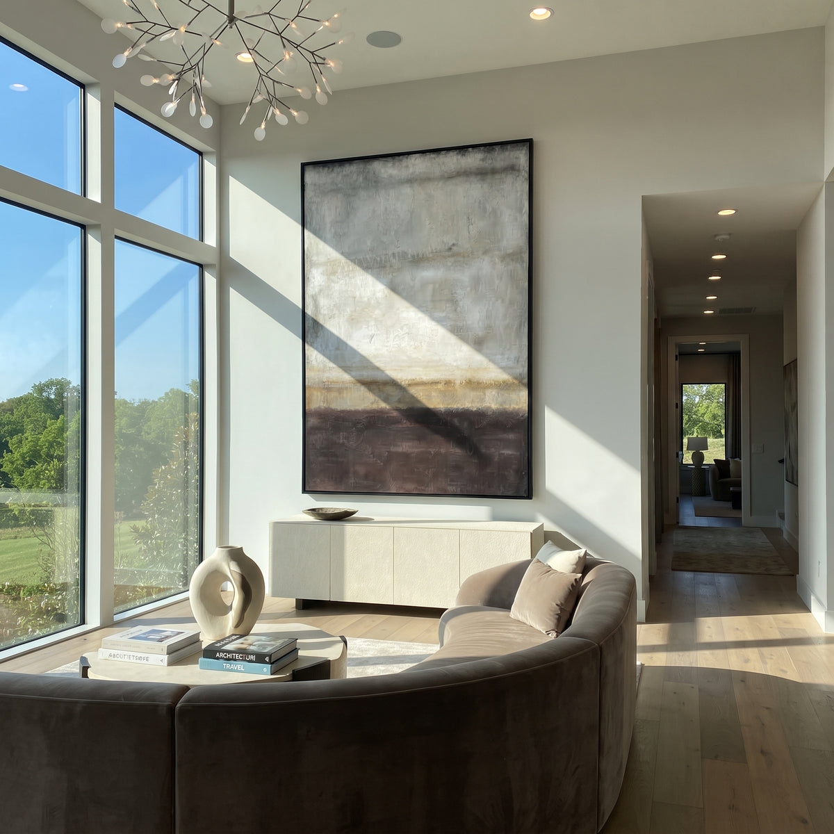 Slate Umber Onyx Balance Form - textured abstract painting shown in modern room setting 5