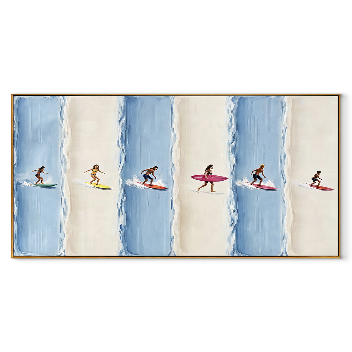 Ivory Azure Swimmers Intervals Motion - textured swimmer painting in a wood frame on white