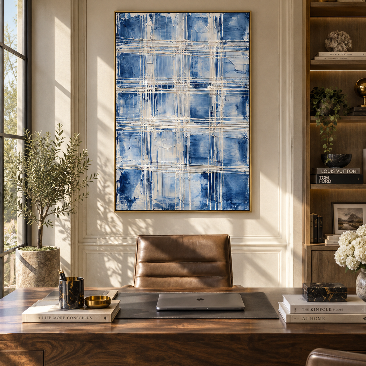 Azure Slate Linen Drift Depth - textured abstract painting shown in modern room setting 2