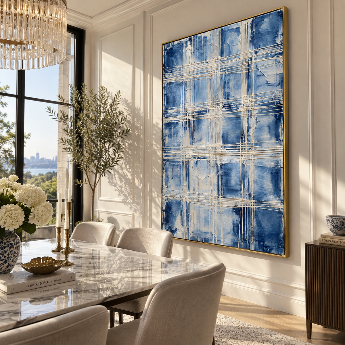 Azure Slate Linen Drift Depth - textured abstract painting shown in modern room setting 3