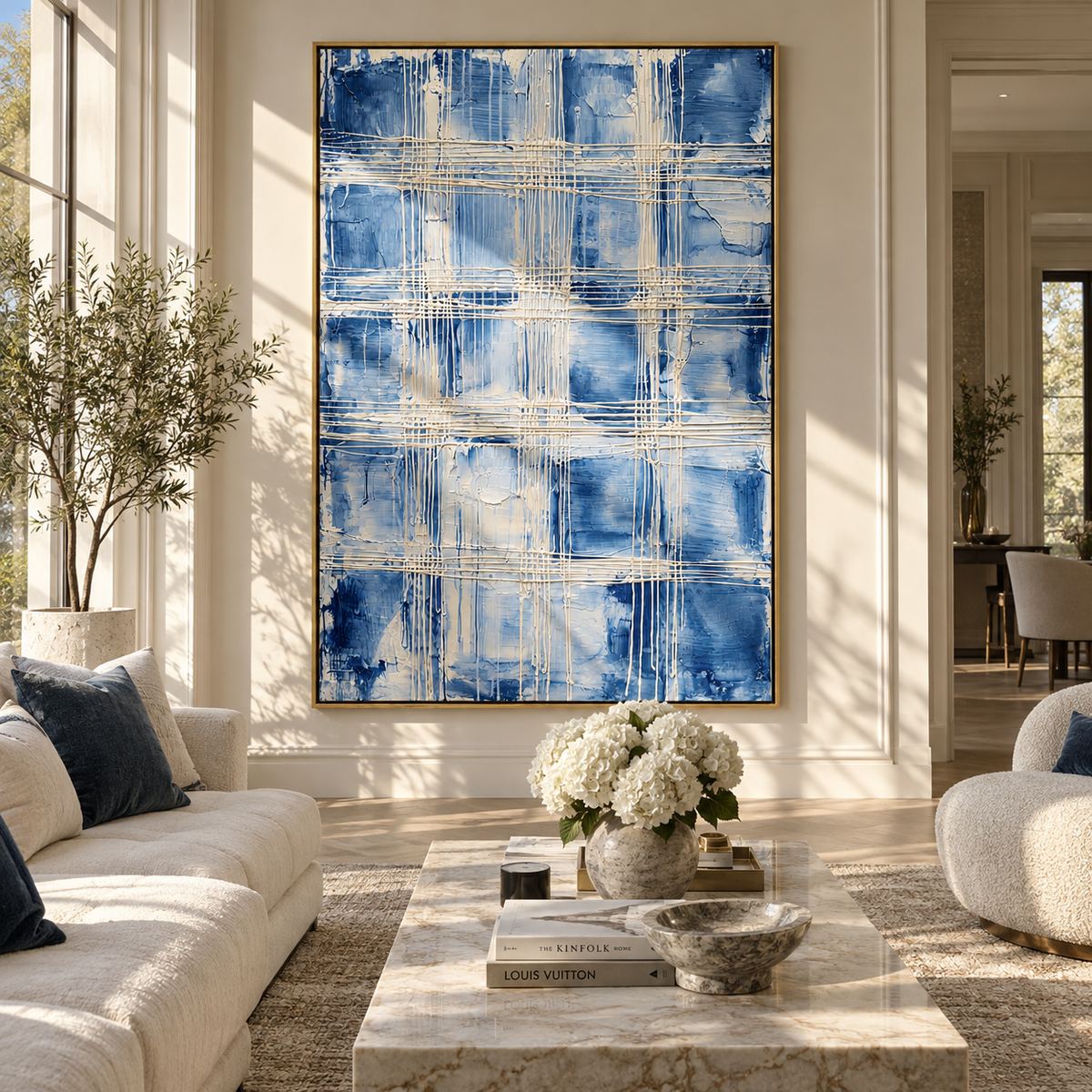 Azure Slate Linen Drift Depth - textured abstract painting shown in modern room setting 4