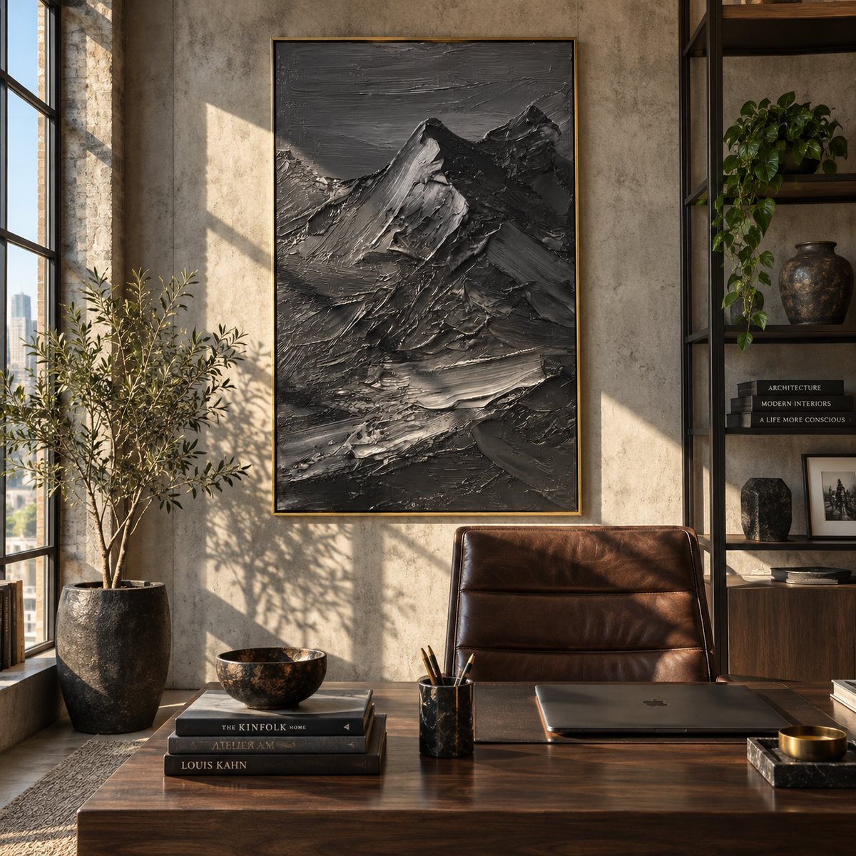 Slate Onyx Horizon Contours Silence - textured landscape painting shown in modern room setting 5