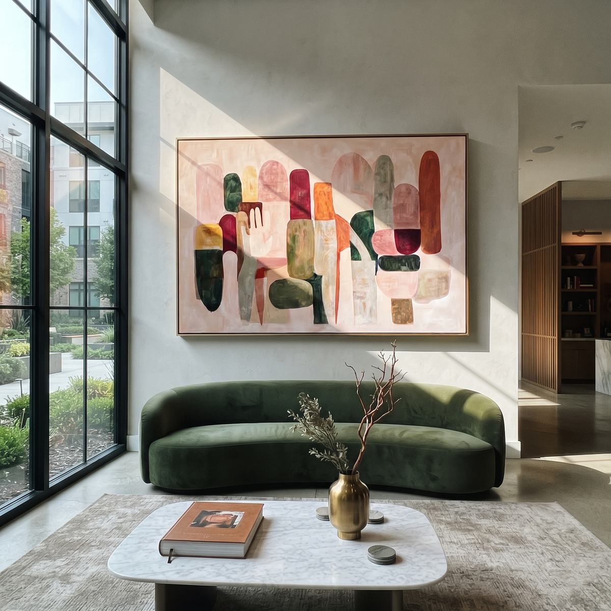 Linen Crimson Onyx Crossing Pause - textured abstract painting shown in modern room setting 3