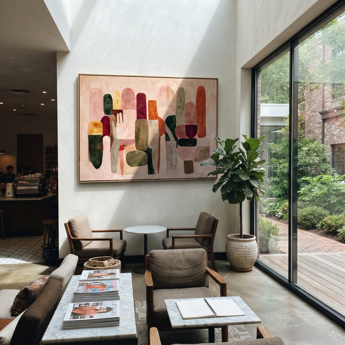 Linen Crimson Onyx Crossing Pause - textured abstract painting shown in modern room setting 5