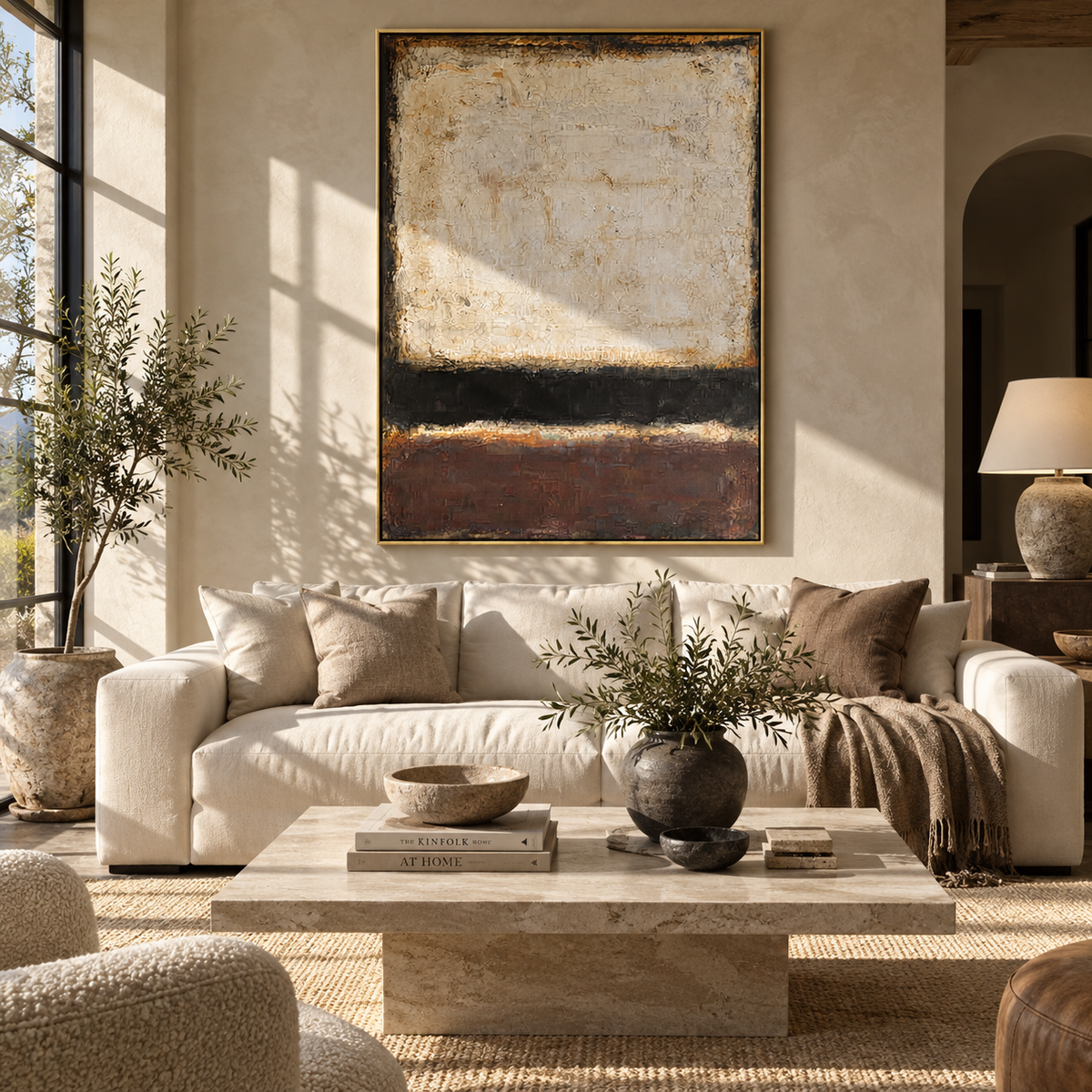 Linen Umber Onyx Echo Balance - textured abstract painting displayed in a styled interior