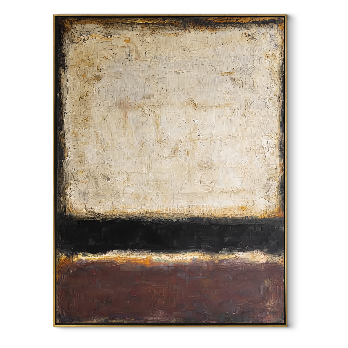 Linen Umber Onyx Echo Balance - textured abstract painting in a wood frame on white