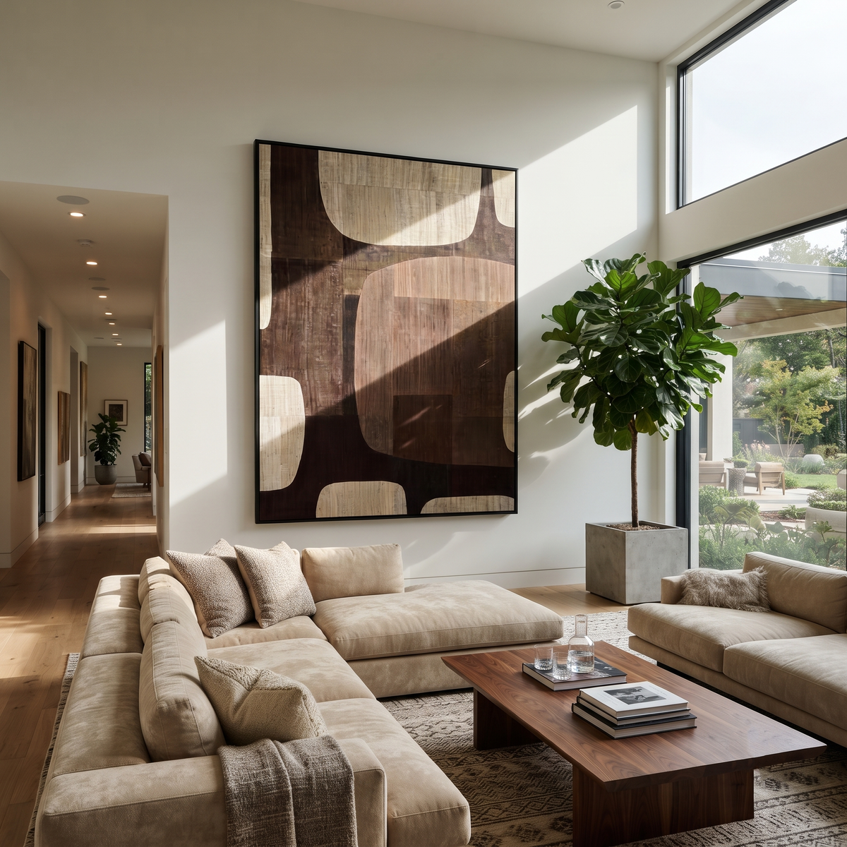 Umber Onyx Linen Relief Calm - textured abstract painting displayed in a styled interior
