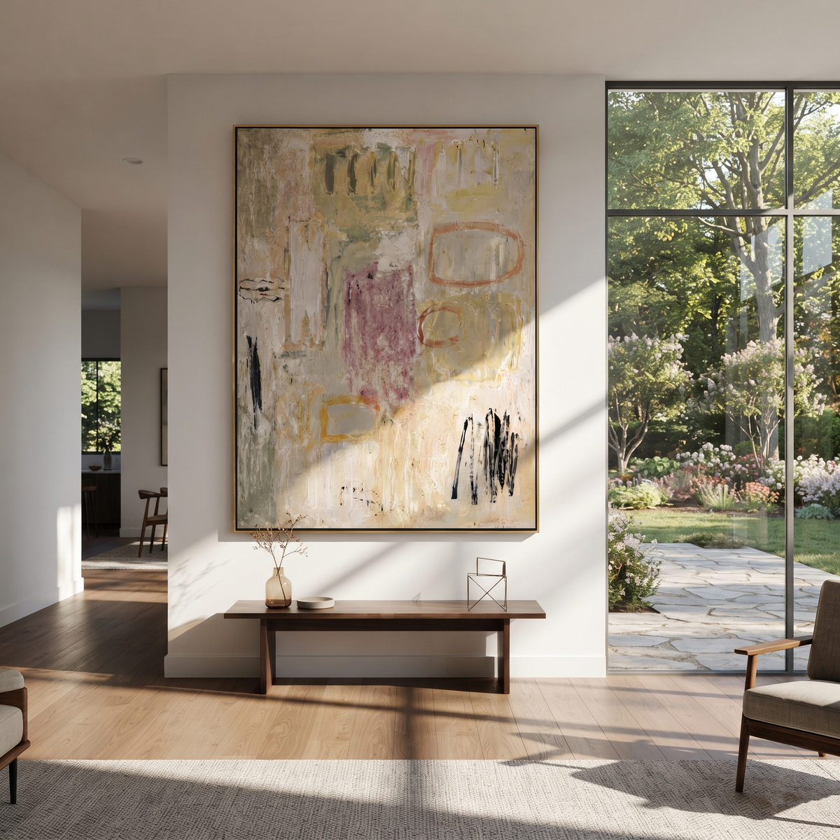 Linen Onyx Slate Strata Stillness - textured abstract painting displayed in a styled interior