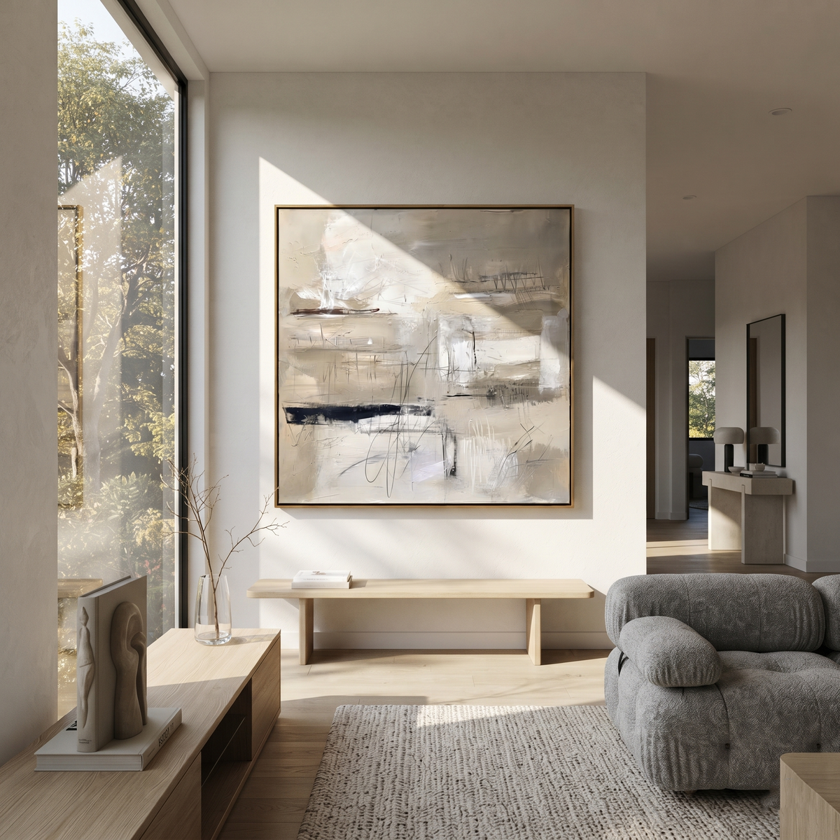Slate Linen Umber Terraces Air - textured abstract painting displayed in a styled interior