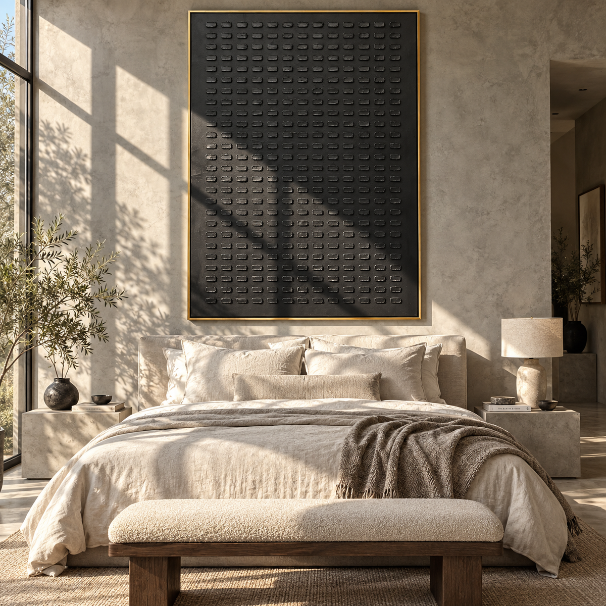 Onyx Slate Linen Horizon Rain - textured abstract painting displayed in a styled interior