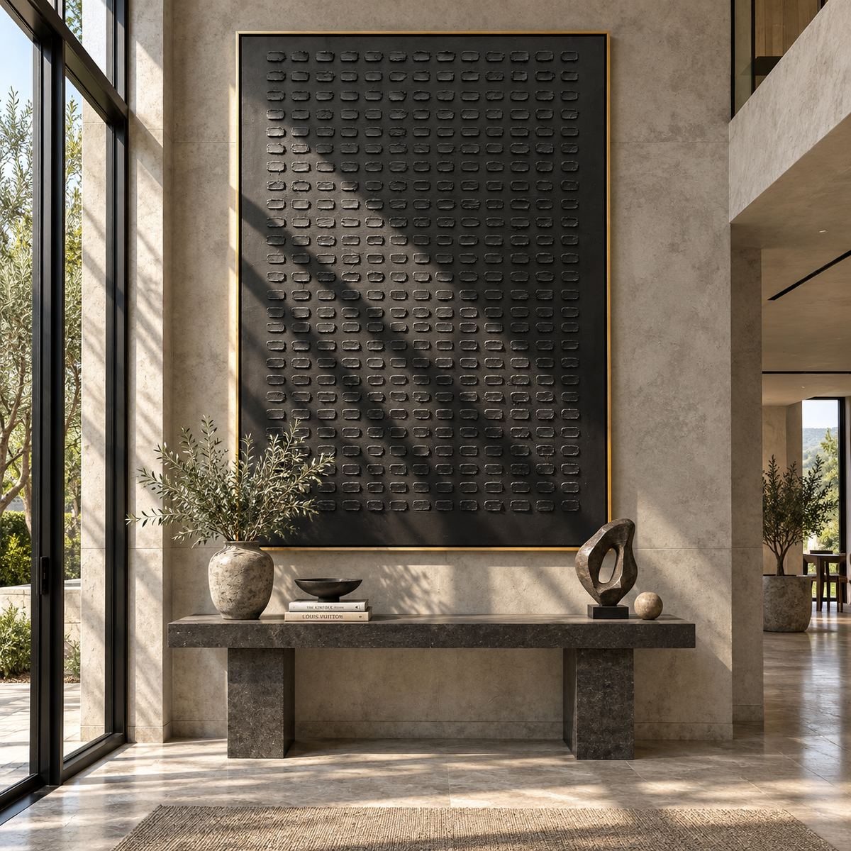Onyx Slate Linen Horizon Rain - textured abstract painting shown in modern room setting 2
