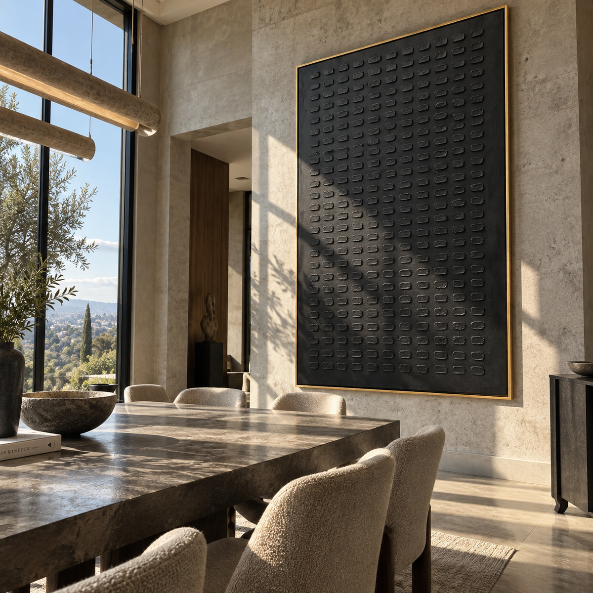 Onyx Slate Linen Horizon Rain - textured abstract painting shown in modern room setting 4