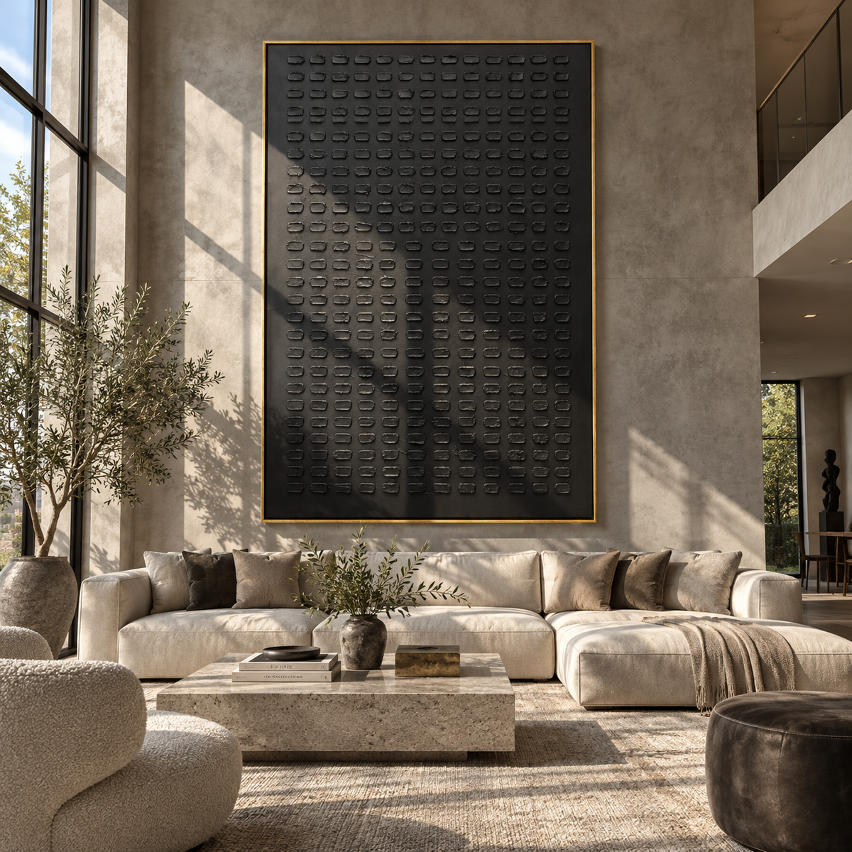 Onyx Slate Linen Horizon Rain - textured abstract painting shown in modern room setting 5