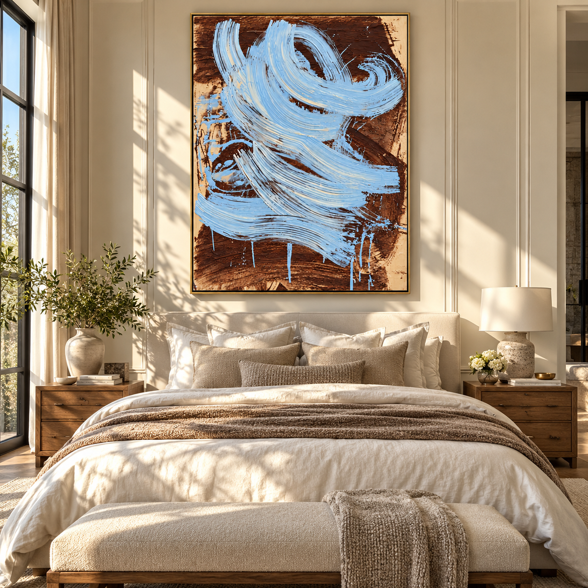 Azure Umber Onyx Fragments Cadence - textured abstract painting shown in modern room setting 5