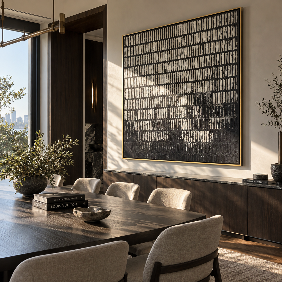 Slate Onyx Linen Tides Distance - textured abstract painting displayed in a styled interior
