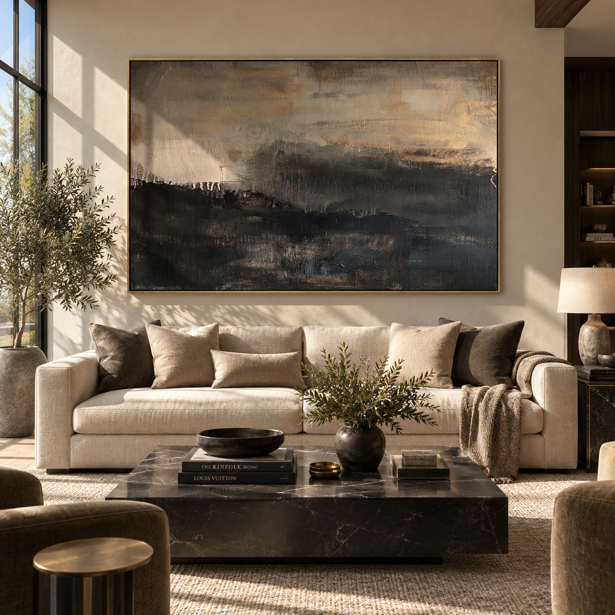 Onyx Umber Horizon Currents Light - textured landscape painting displayed in a styled interior