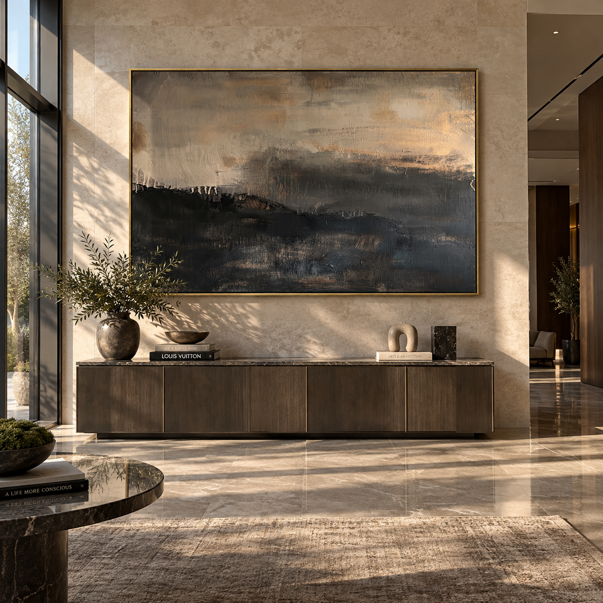 Onyx Umber Horizon Currents Light - textured landscape painting shown in modern room setting 2