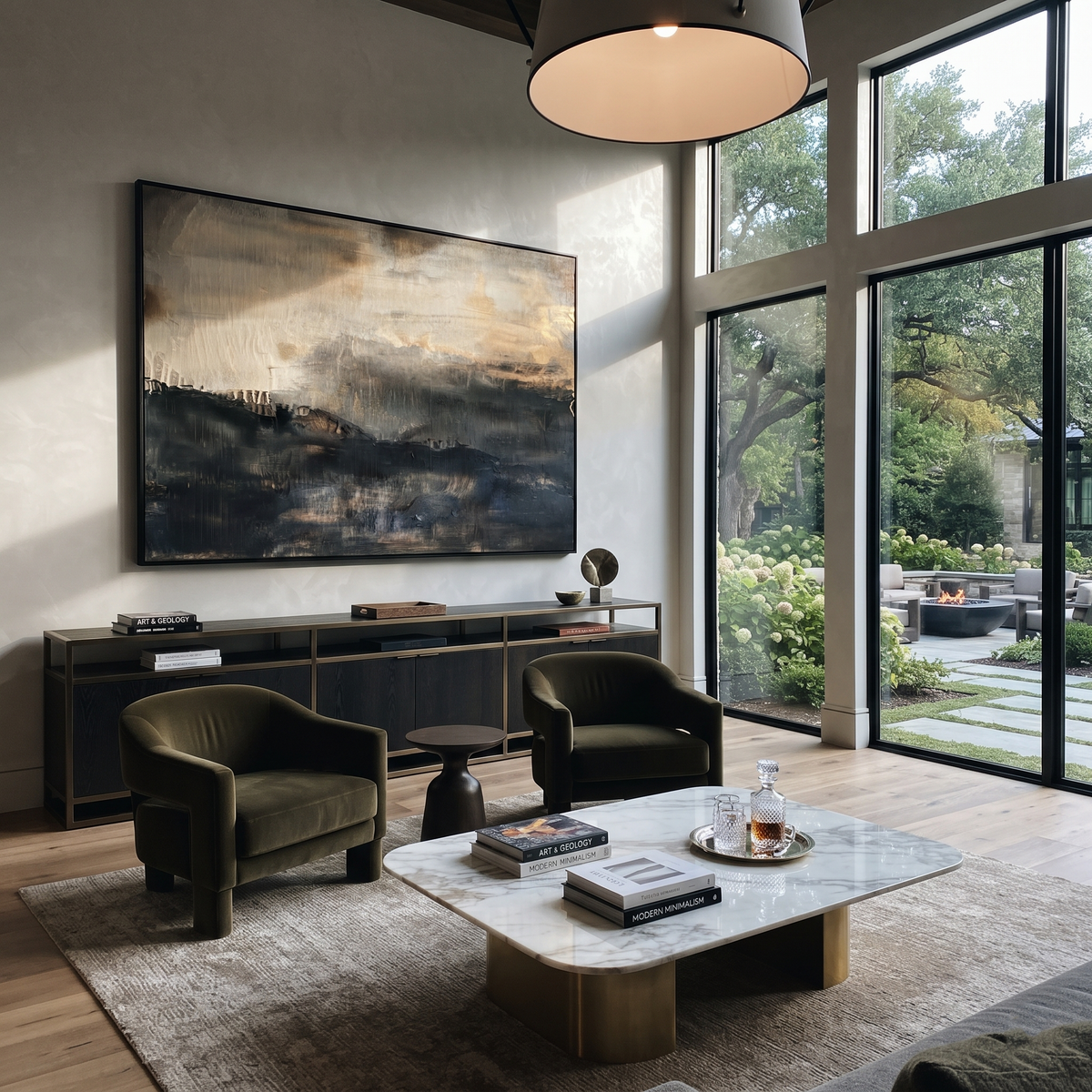 Onyx Umber Horizon Currents Light - textured landscape painting shown in modern room setting 4