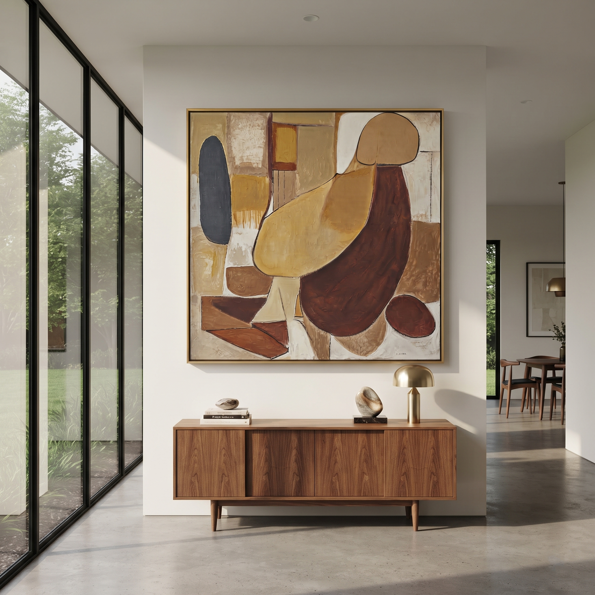 Umber Amber Figures Layers Tension - textured figurative painting displayed in a styled interior