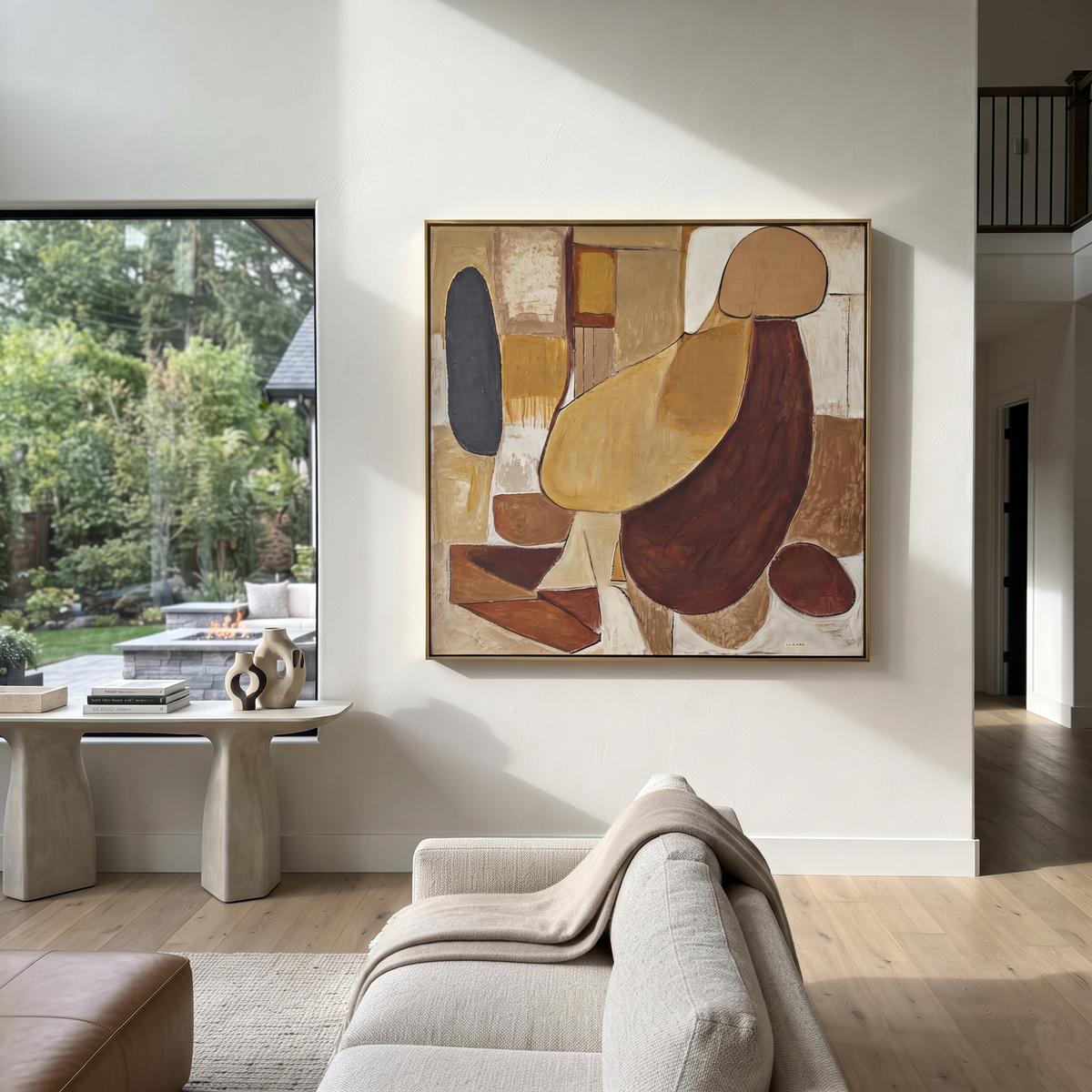 Umber Amber Figures Layers Tension - textured figurative painting shown in modern room setting 2