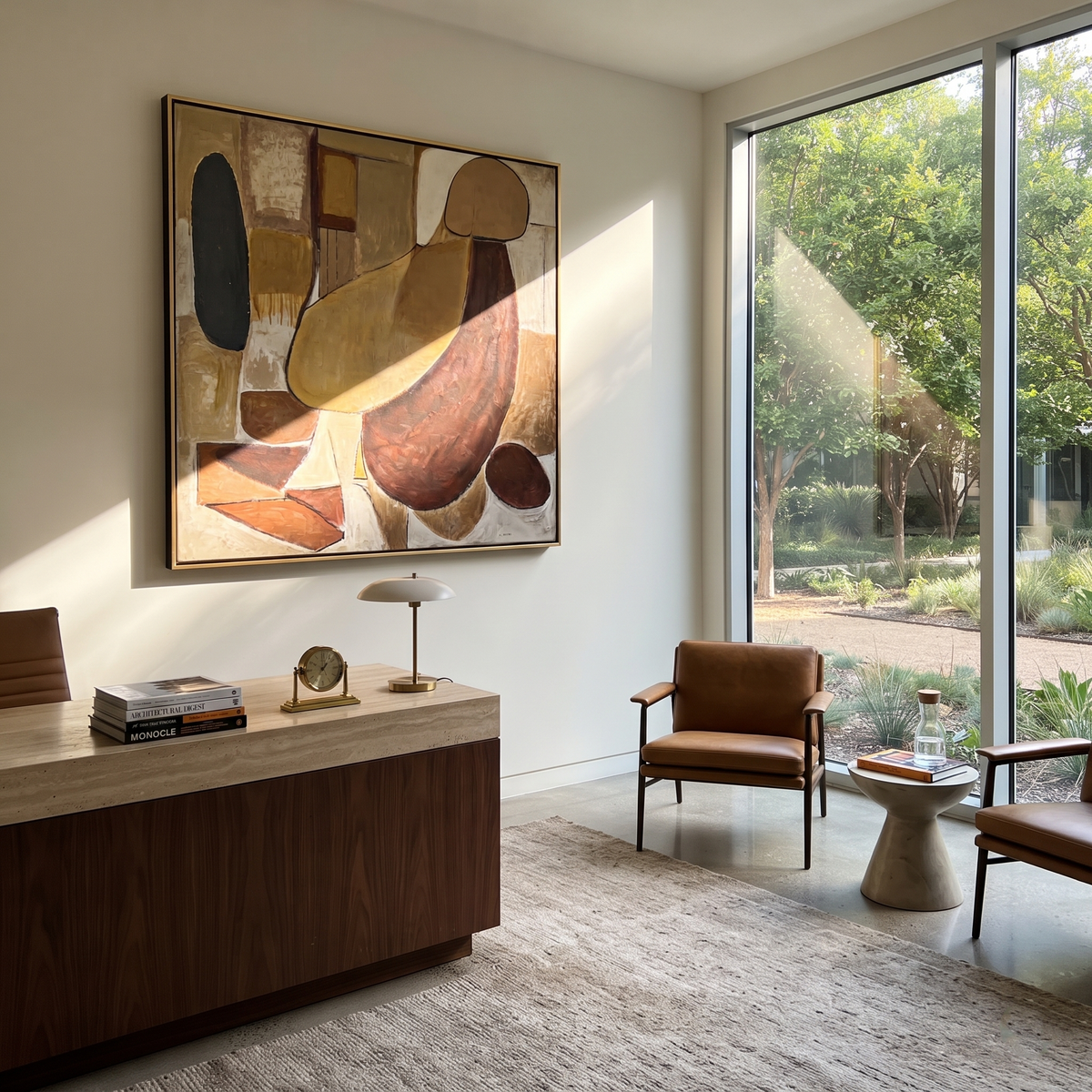 Umber Amber Figures Layers Tension - textured figurative painting shown in modern room setting 3