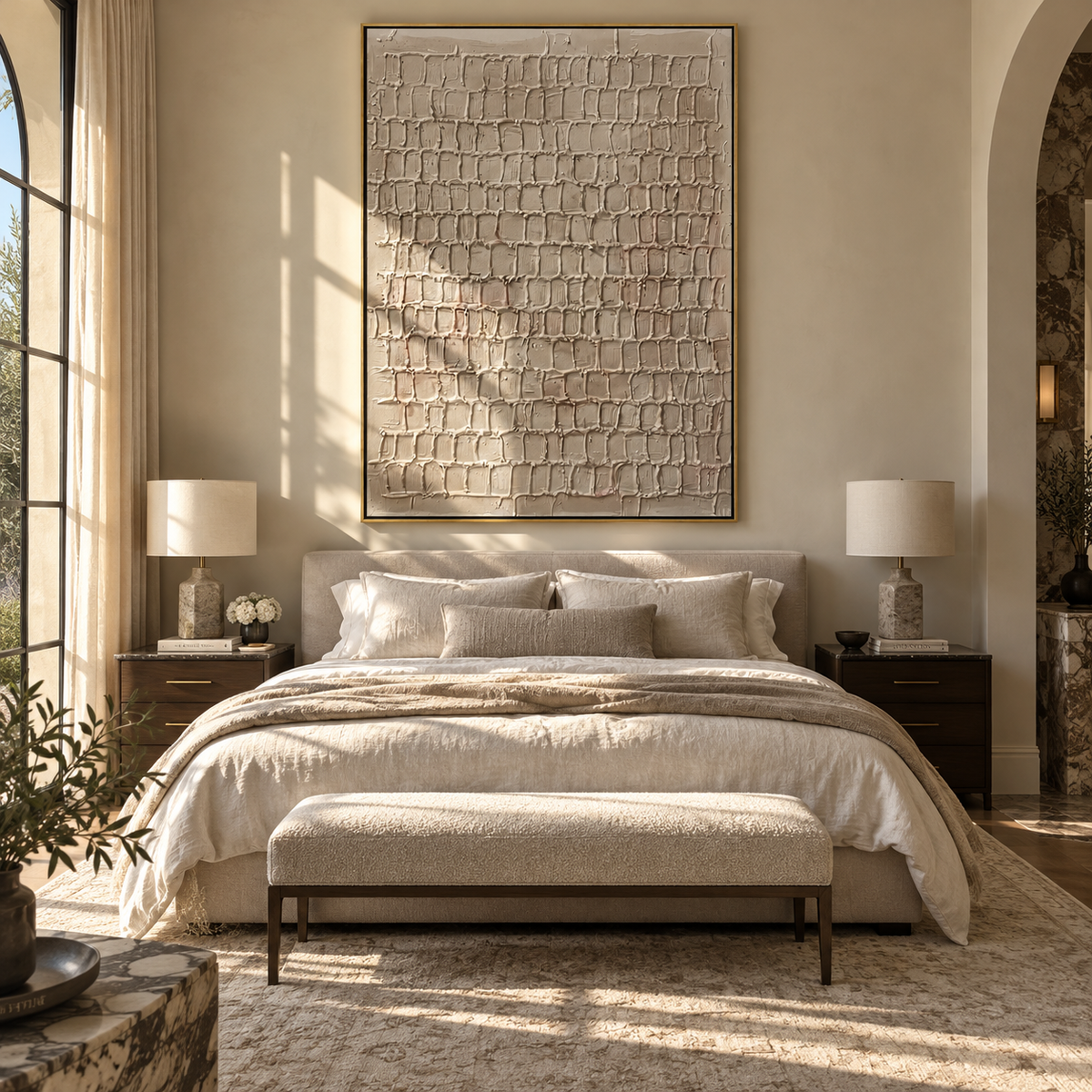 Linen Umber Onyx Balance Space - textured abstract painting displayed in a styled interior