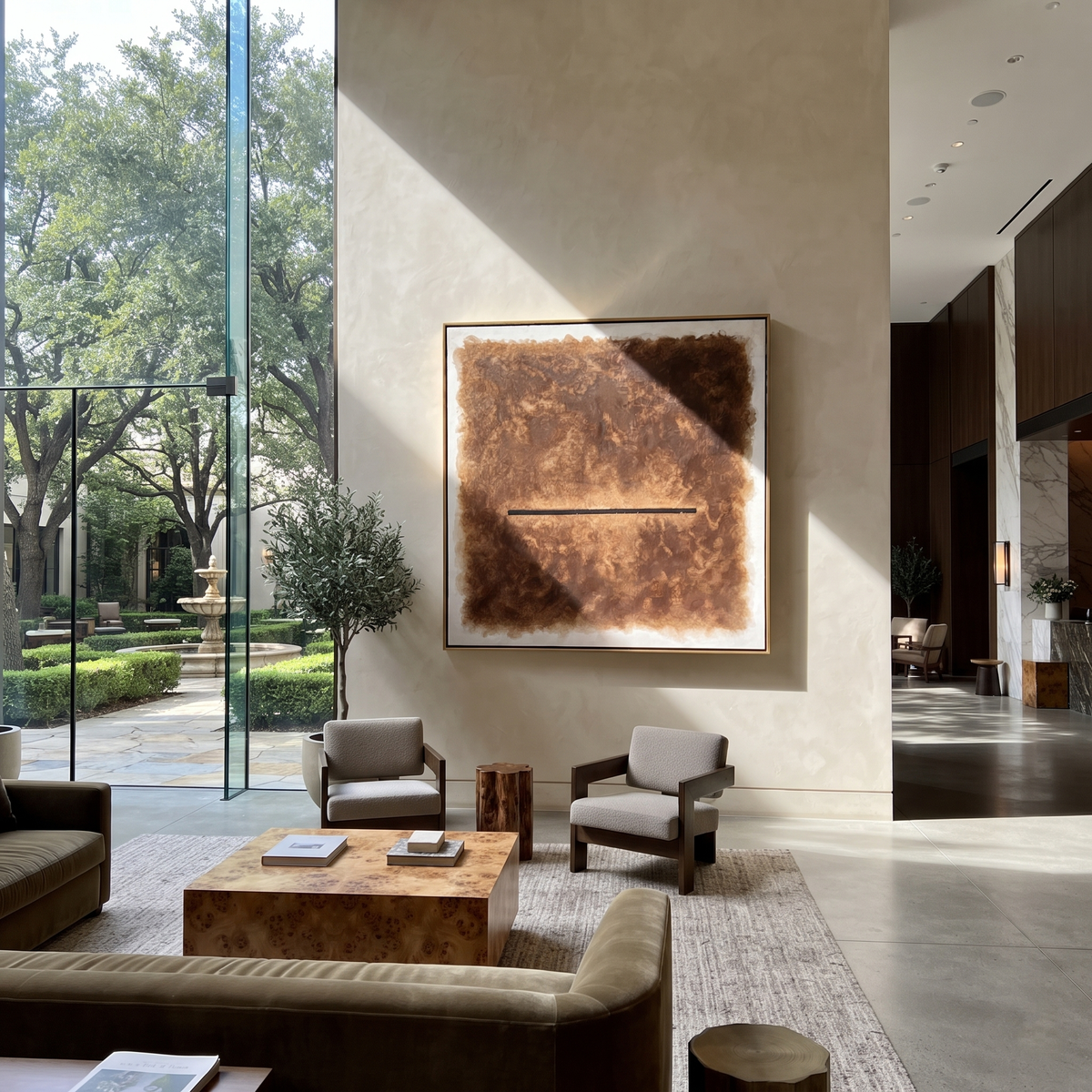 Umber Amber Linen Intervals Quiet - textured abstract painting displayed in a styled interior