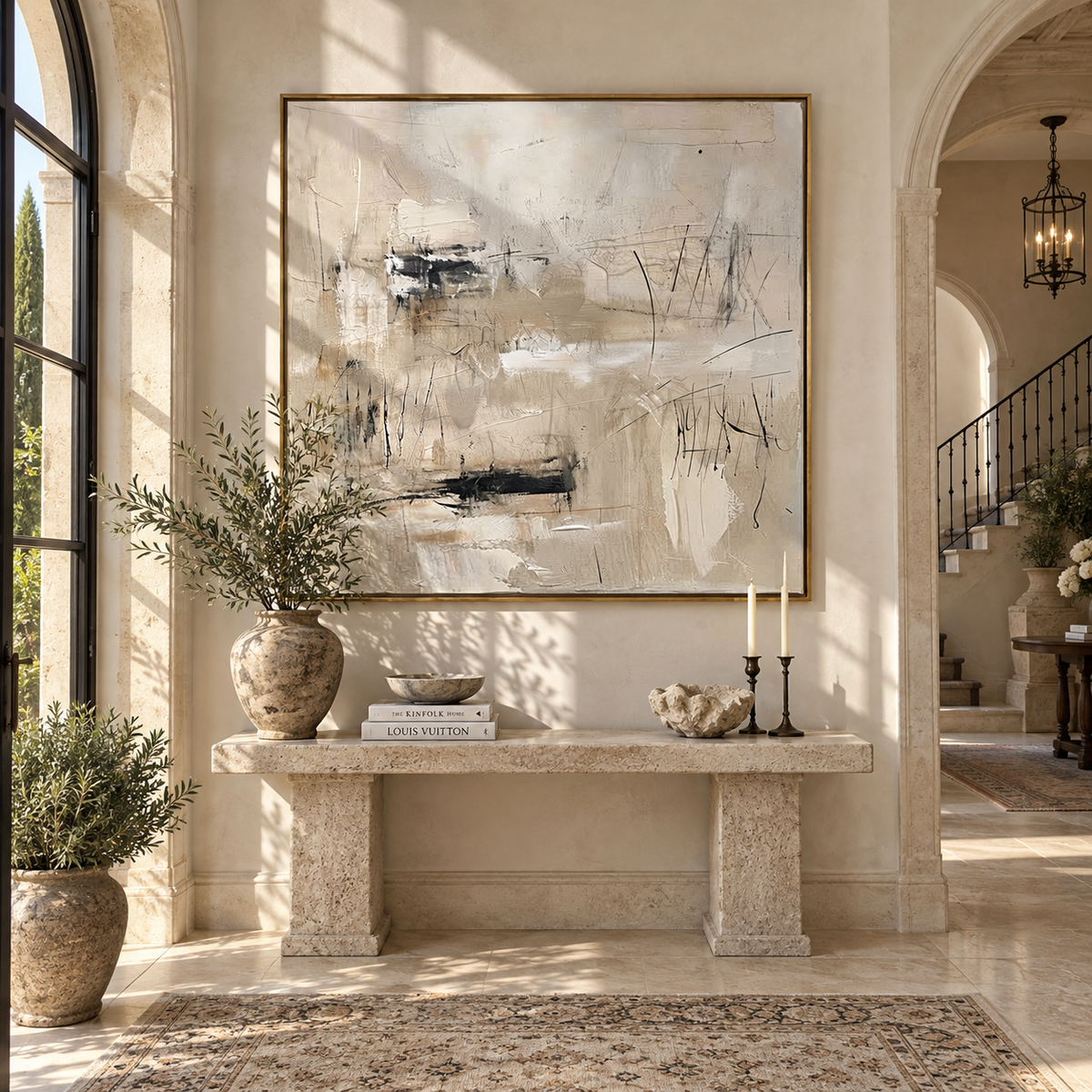 Slate Linen Gilded Drift Form - textured abstract painting displayed in a styled interior