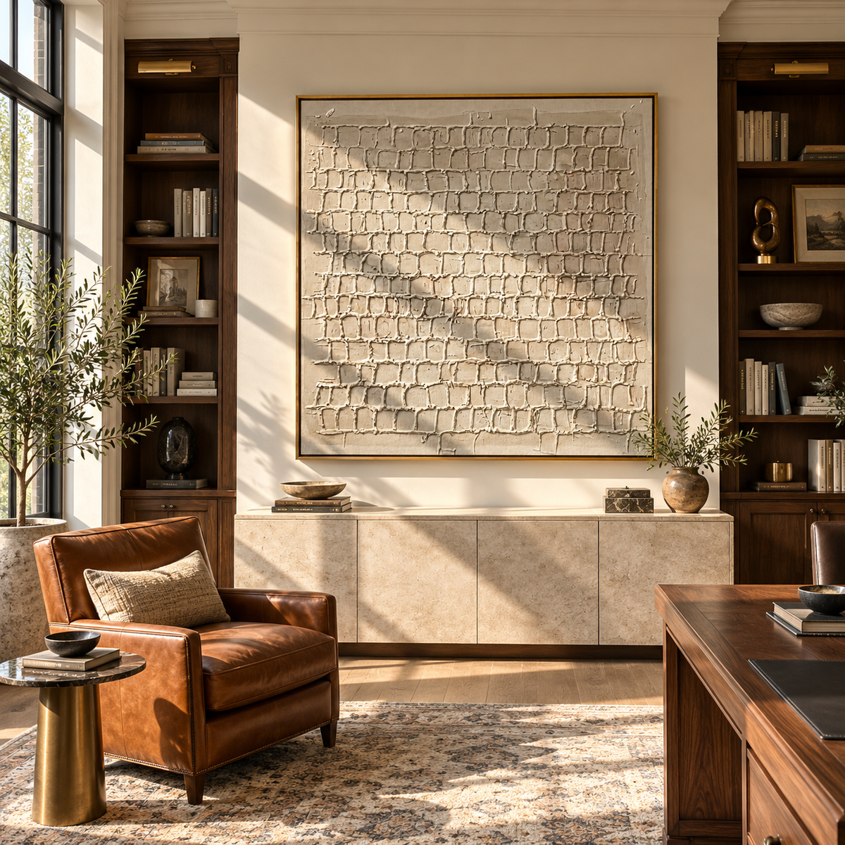 Linen Slate Umber Contours Motion - textured abstract painting displayed in a styled interior