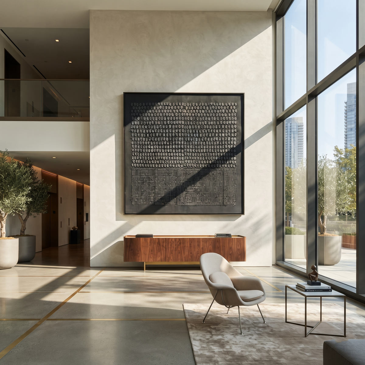 Slate Onyx Azure Rhythm Pause - textured abstract painting displayed in a styled interior