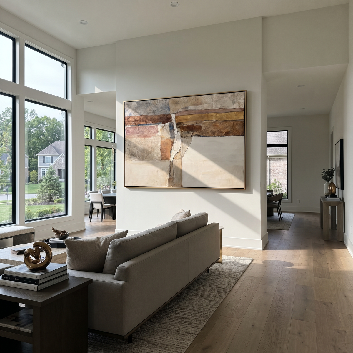 Linen Amber Umber Relief Balance - textured abstract painting displayed in a styled interior