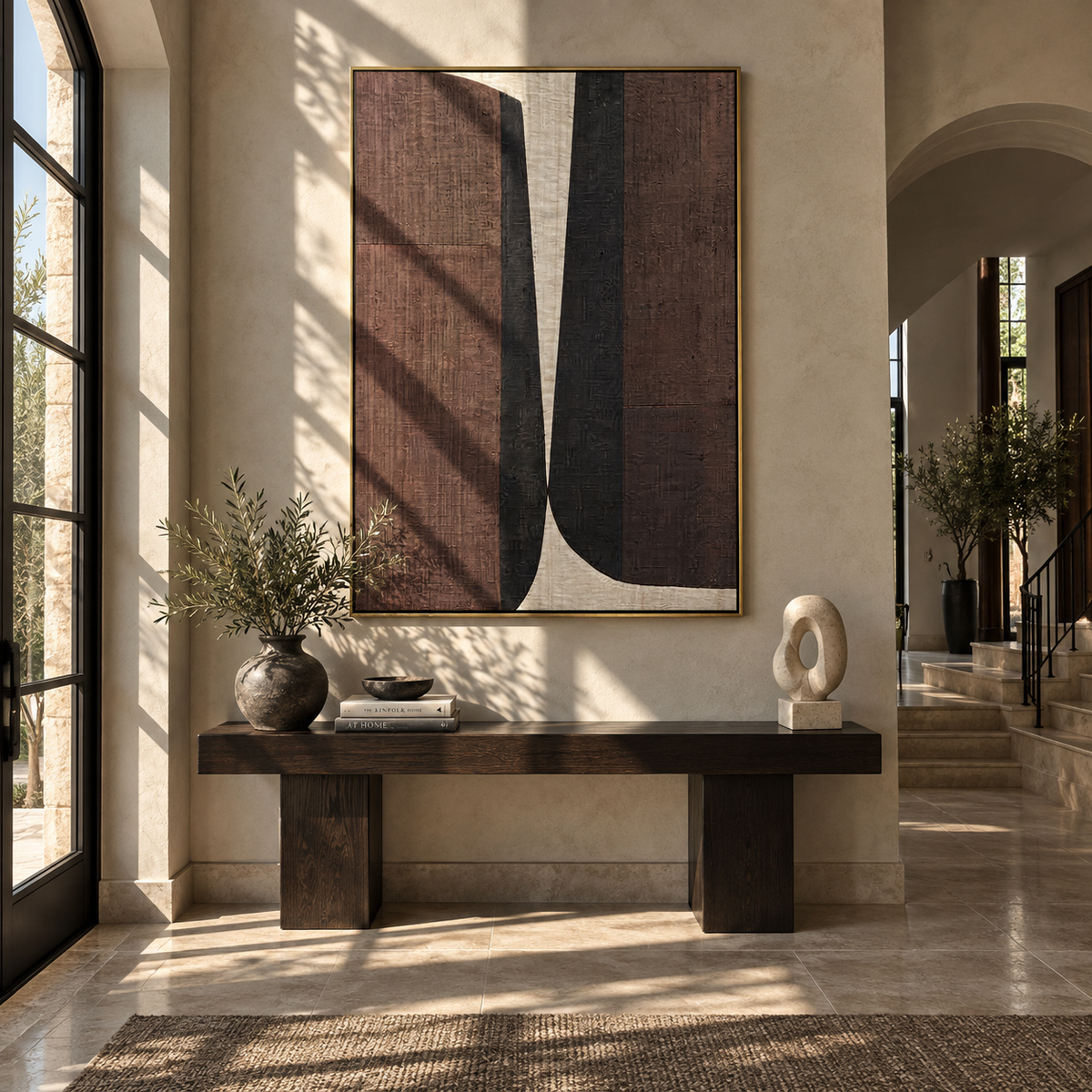 Umber Onyx Slate Strata Resonance - textured abstract painting displayed in a styled interior