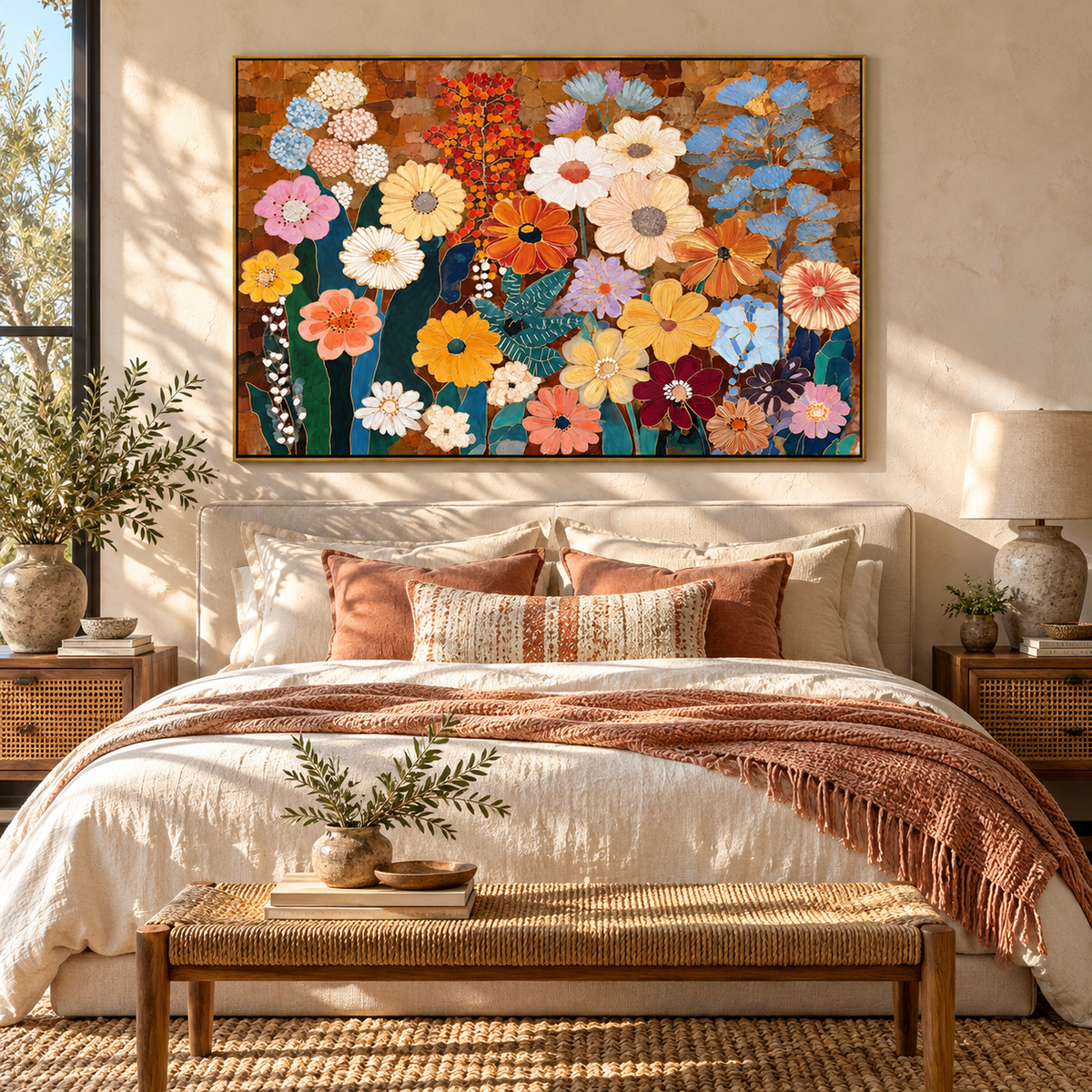 Amber Linen Blooms Terraces Calm - textured floral painting displayed in a styled interior