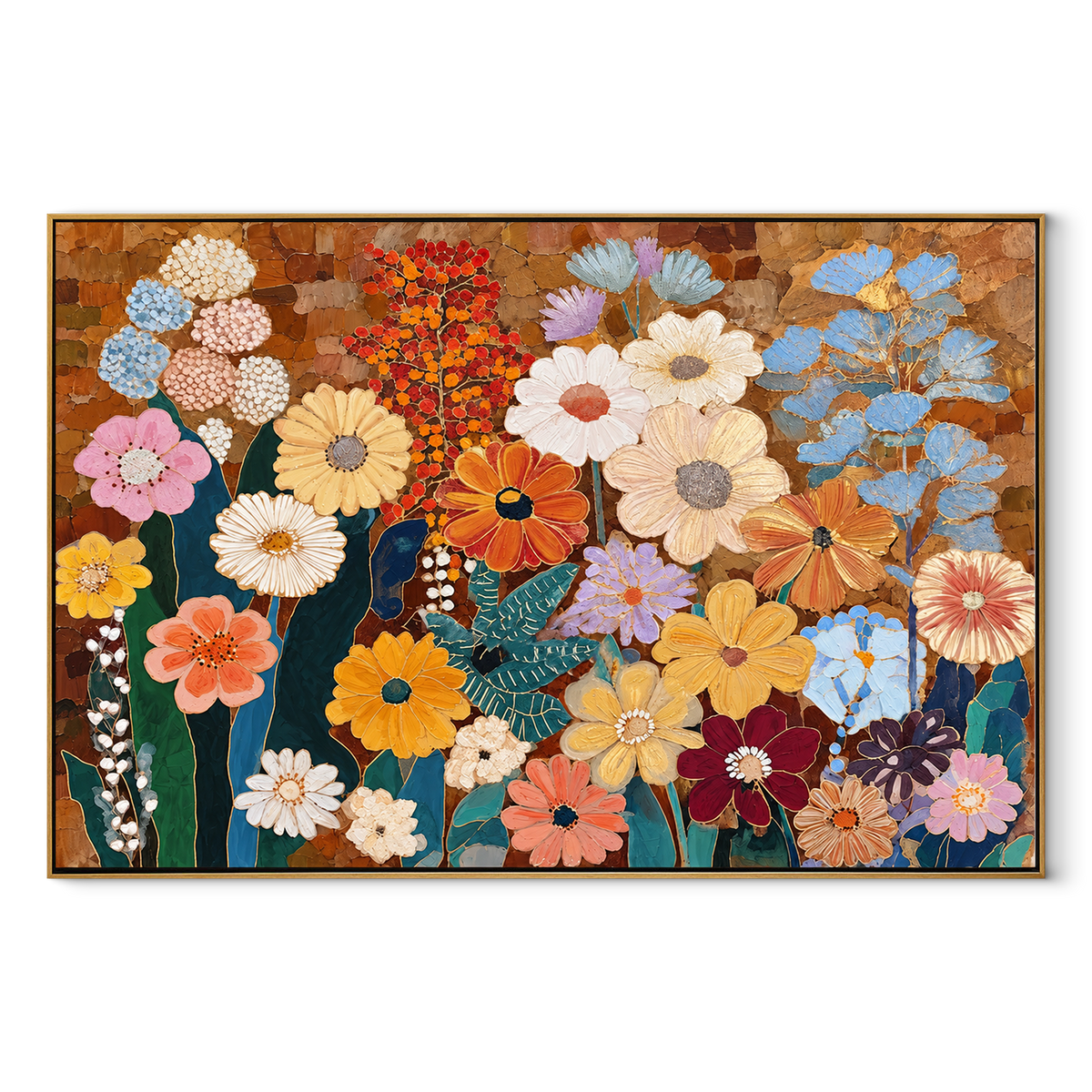 Amber Linen Blooms Terraces Calm - textured floral painting in a wood frame on white