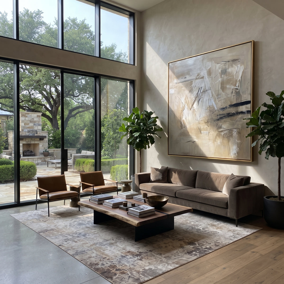 Linen Slate Umber Fragments Air - textured abstract painting displayed in a styled interior