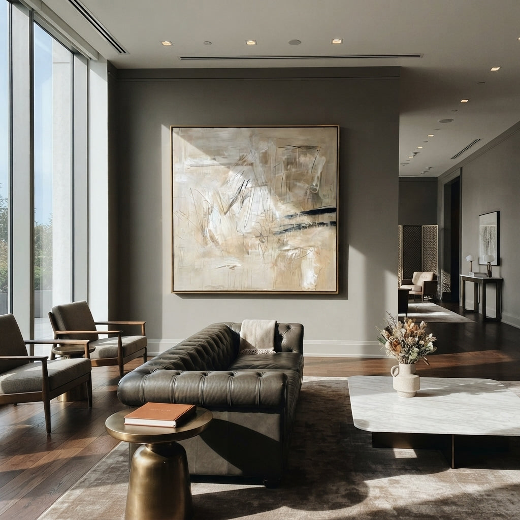 Linen Slate Umber Fragments Air - textured abstract painting shown in modern room setting 3