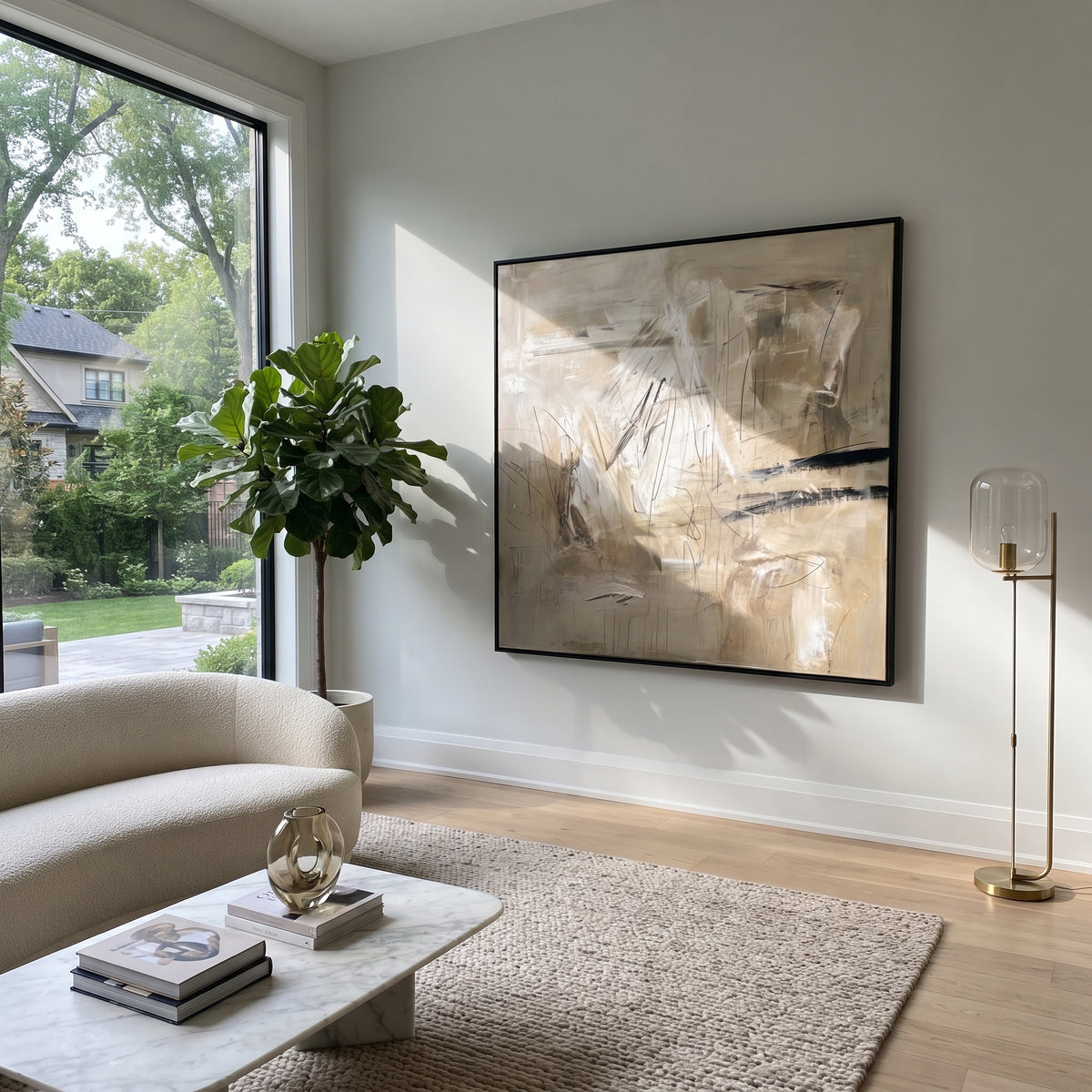 Linen Slate Umber Fragments Air - textured abstract painting shown in modern room setting 4