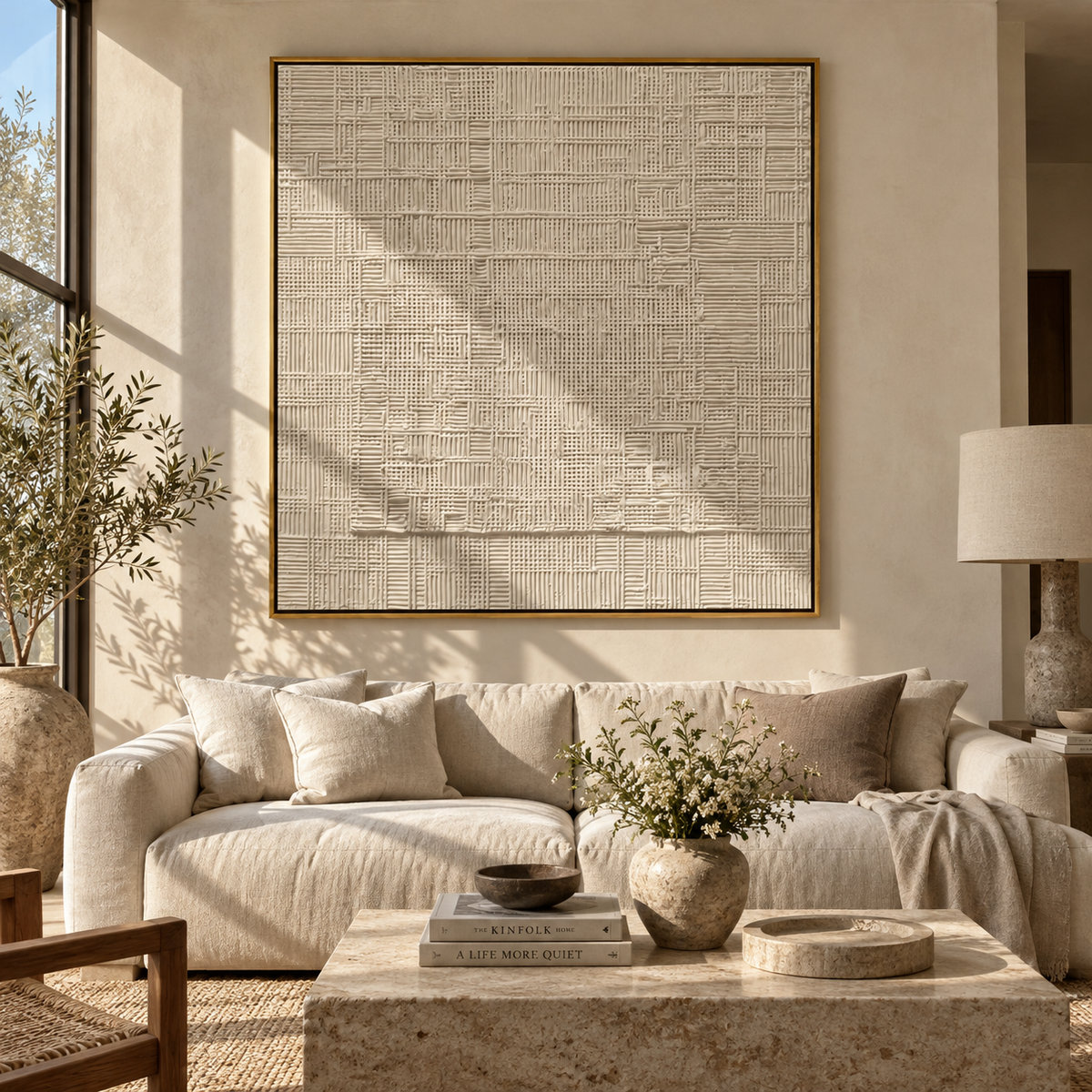 Linen Slate Umber Passage Cadence - textured abstract painting displayed in a styled interior