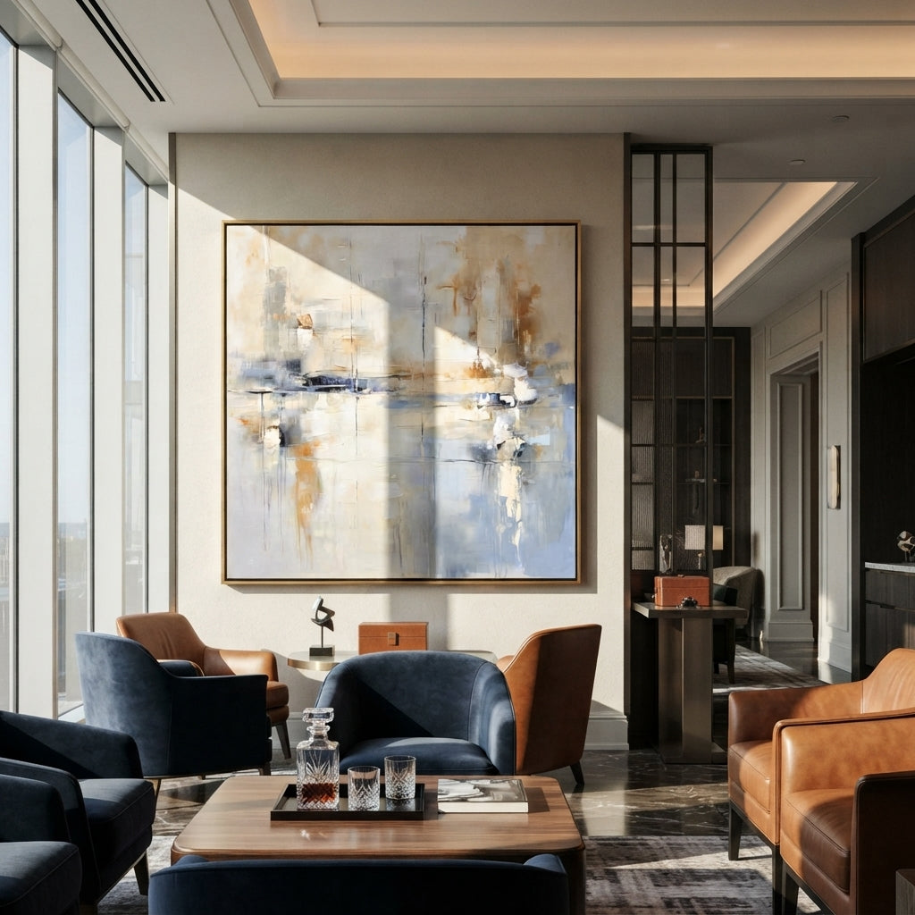Slate Azure Linen Currents Interval - textured abstract painting displayed in a styled interior