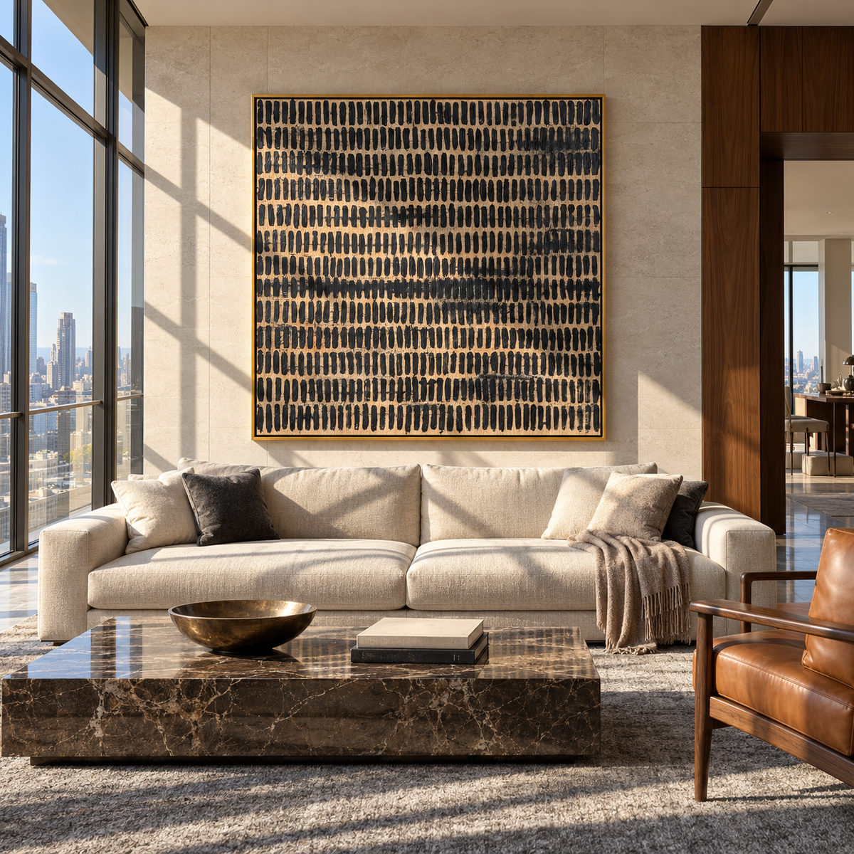 Onyx Linen Umber Layers Distance - textured abstract painting displayed in a styled interior