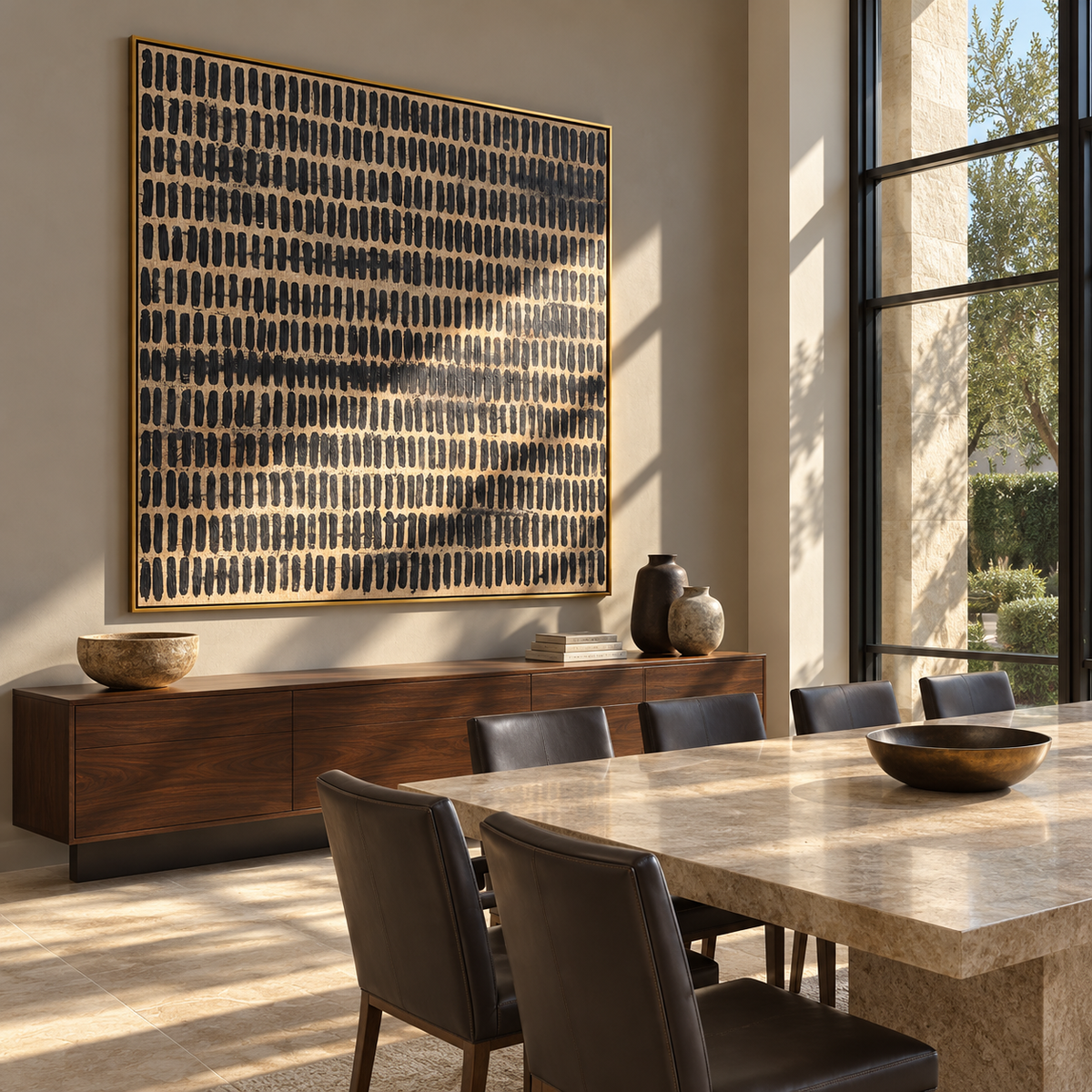 Onyx Linen Umber Layers Distance - textured abstract painting shown in modern room setting 2